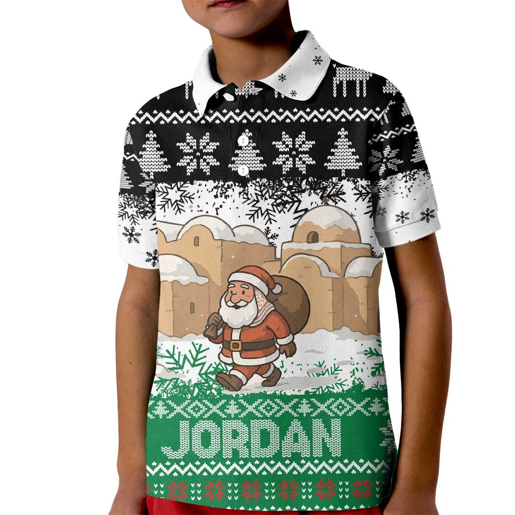 Jordan Christmas Kid Polo Shirt with Santa Snow Village Green and Black Snowflake Tree Pattern - Wonder Print Shop