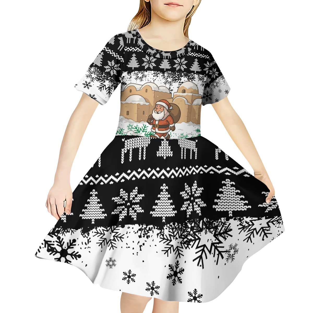 Jordan Christmas Kid Short Sleeve Dress with Santa Snow Village Green and Black Snowflake Tree Pattern - Wonder Print Shop