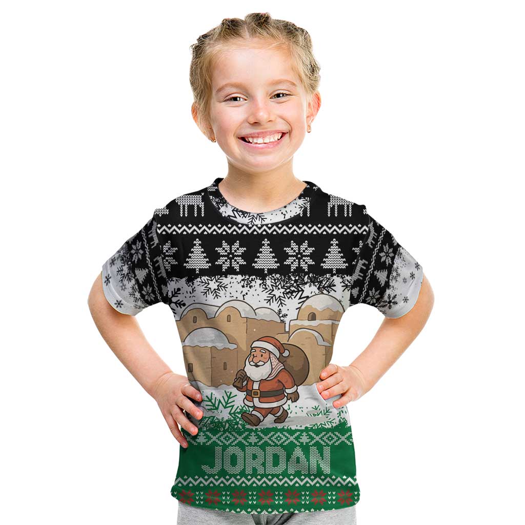 Jordan Christmas Kid T Shirt with Santa Snow Village Green and Black Snowflake Tree Pattern - Wonder Print Shop
