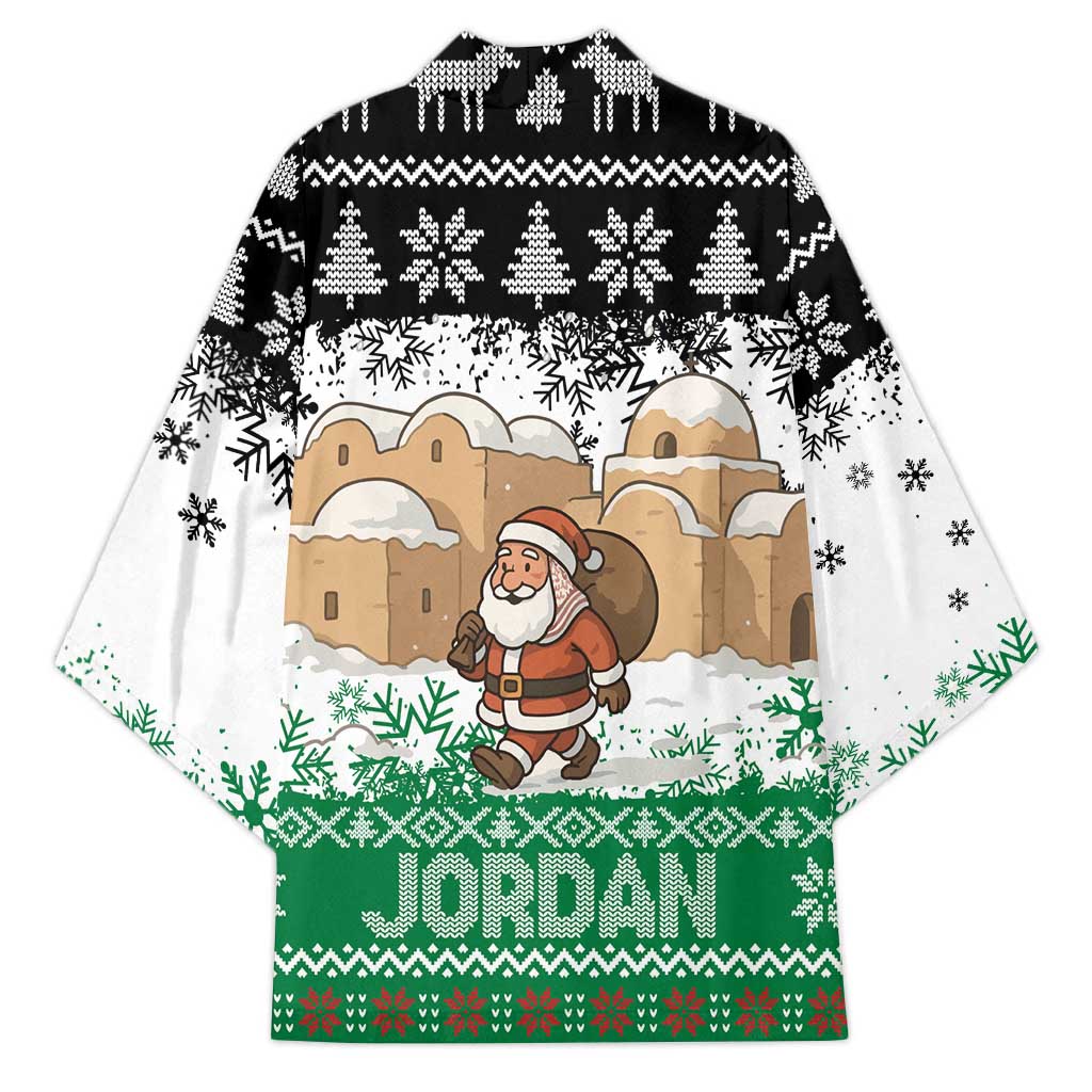 Jordan Christmas Kimono with Santa Snow Village Green and Black Snowflake Tree Pattern - Wonder Print Shop
