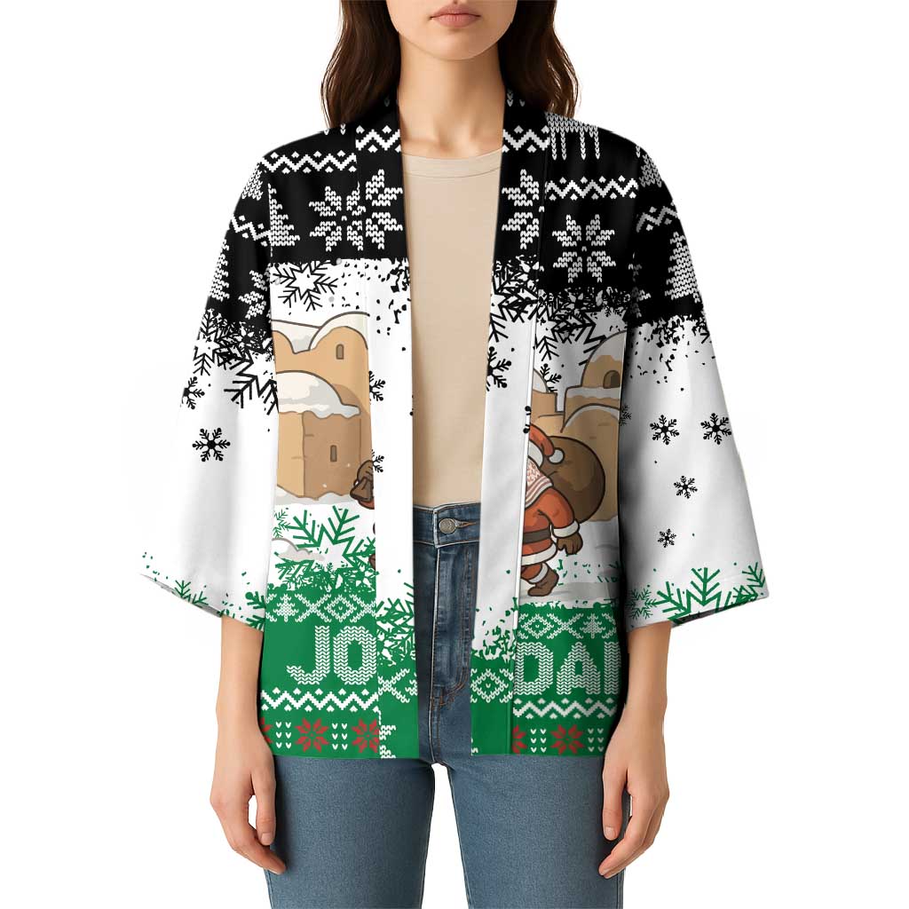 Jordan Christmas Kimono with Santa Snow Village Green and Black Snowflake Tree Pattern - Wonder Print Shop