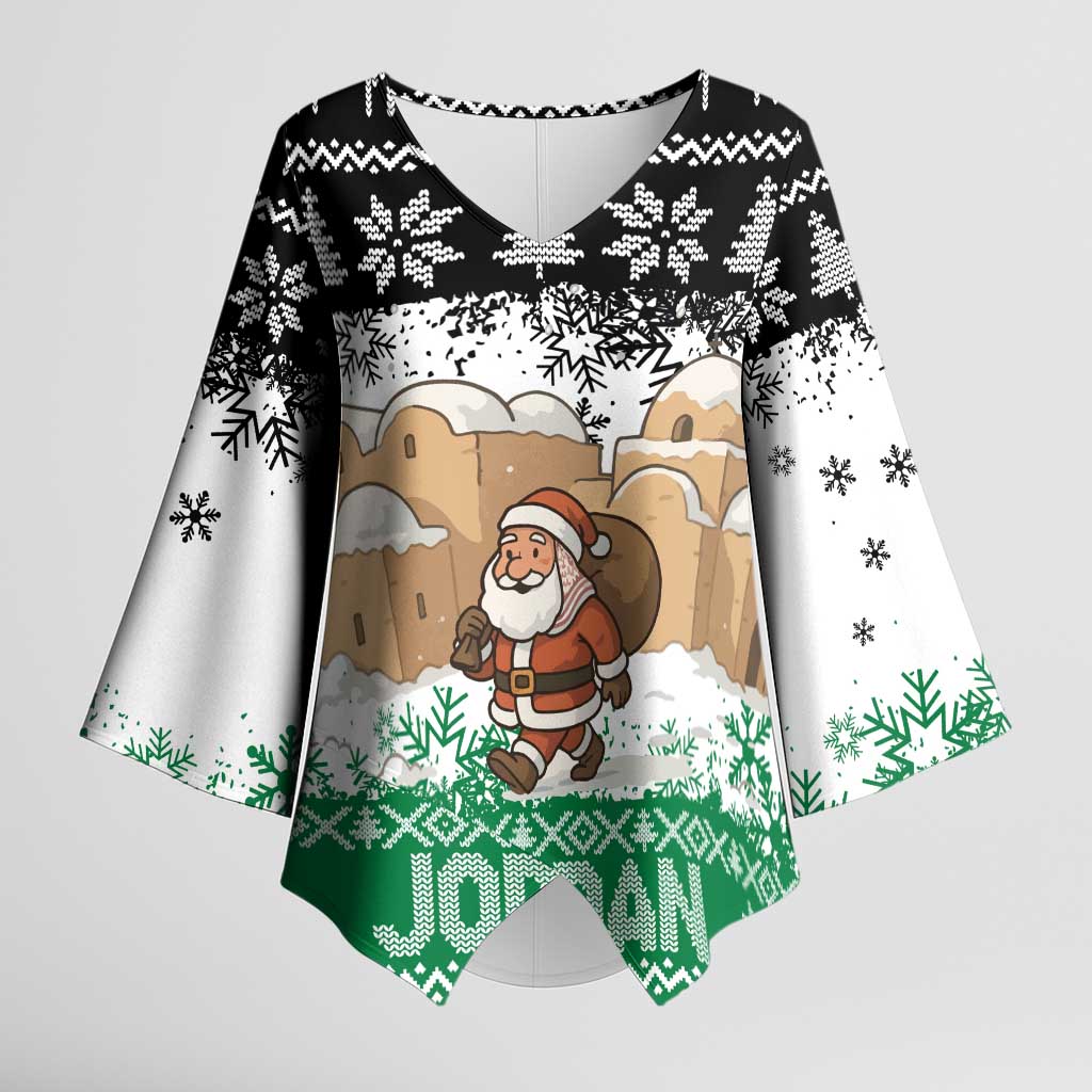 Jordan Christmas Kimono Sleeve Blouse with Santa Snow Village Green and Black Snowflake Tree Pattern - Wonder Print Shop