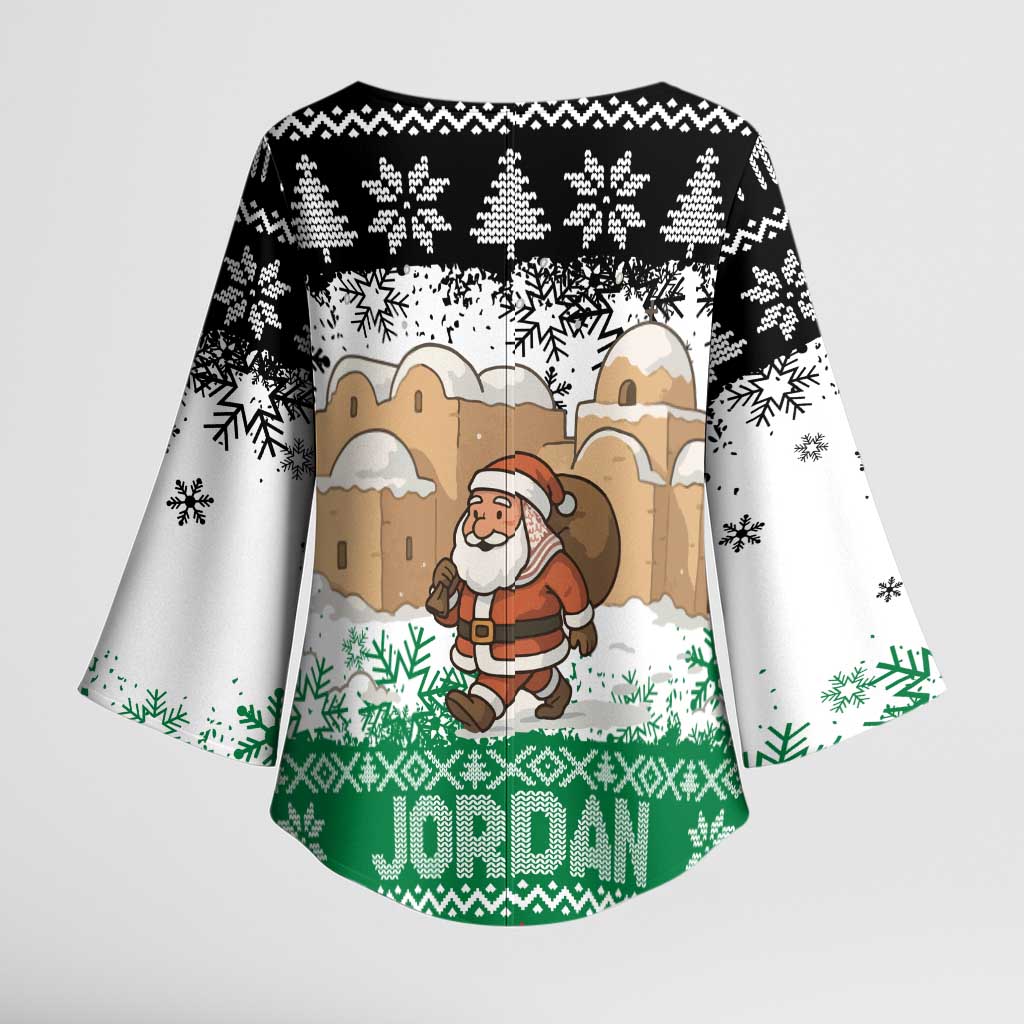 Jordan Christmas Kimono Sleeve Blouse with Santa Snow Village Green and Black Snowflake Tree Pattern - Wonder Print Shop