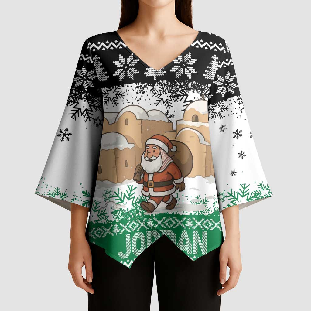 Jordan Christmas Kimono Sleeve Blouse with Santa Snow Village Green and Black Snowflake Tree Pattern - Wonder Print Shop
