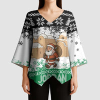 Jordan Christmas Kimono Sleeve Blouse with Santa Snow Village Green and Black Snowflake Tree Pattern - Wonder Print Shop