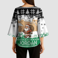 Jordan Christmas Kimono Sleeve Blouse with Santa Snow Village Green and Black Snowflake Tree Pattern - Wonder Print Shop