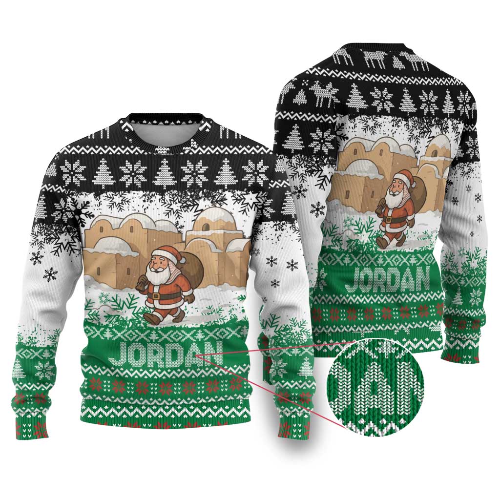 Jordan Christmas Ugly Christmas Sweater with Santa Snow Village Green and Black Snowflake Tree Pattern - Wonder Print Shop