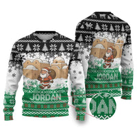 Jordan Christmas Ugly Christmas Sweater with Santa Snow Village Green and Black Snowflake Tree Pattern - Wonder Print Shop