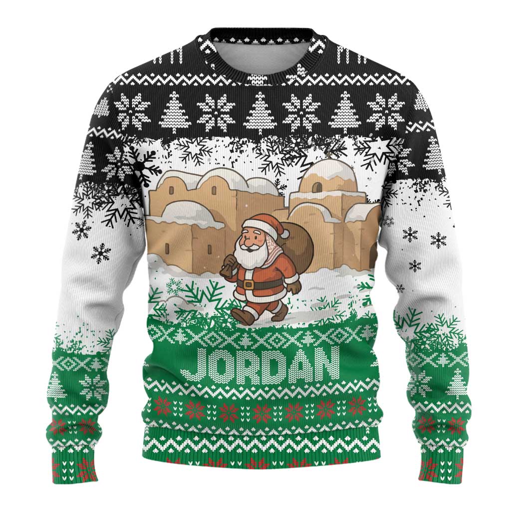 Jordan Christmas Ugly Christmas Sweater with Santa Snow Village Green and Black Snowflake Tree Pattern - Wonder Print Shop