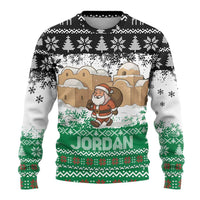 Jordan Christmas Ugly Christmas Sweater with Santa Snow Village Green and Black Snowflake Tree Pattern - Wonder Print Shop