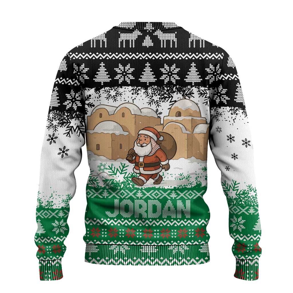 Jordan Christmas Ugly Christmas Sweater with Santa Snow Village Green and Black Snowflake Tree Pattern - Wonder Print Shop