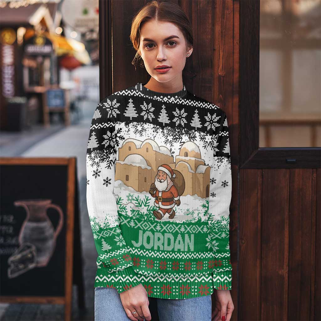 Jordan Christmas Ugly Christmas Sweater with Santa Snow Village Green and Black Snowflake Tree Pattern - Wonder Print Shop