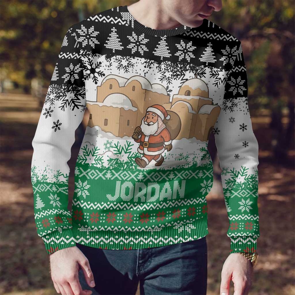 Jordan Christmas Ugly Christmas Sweater with Santa Snow Village Green and Black Snowflake Tree Pattern - Wonder Print Shop