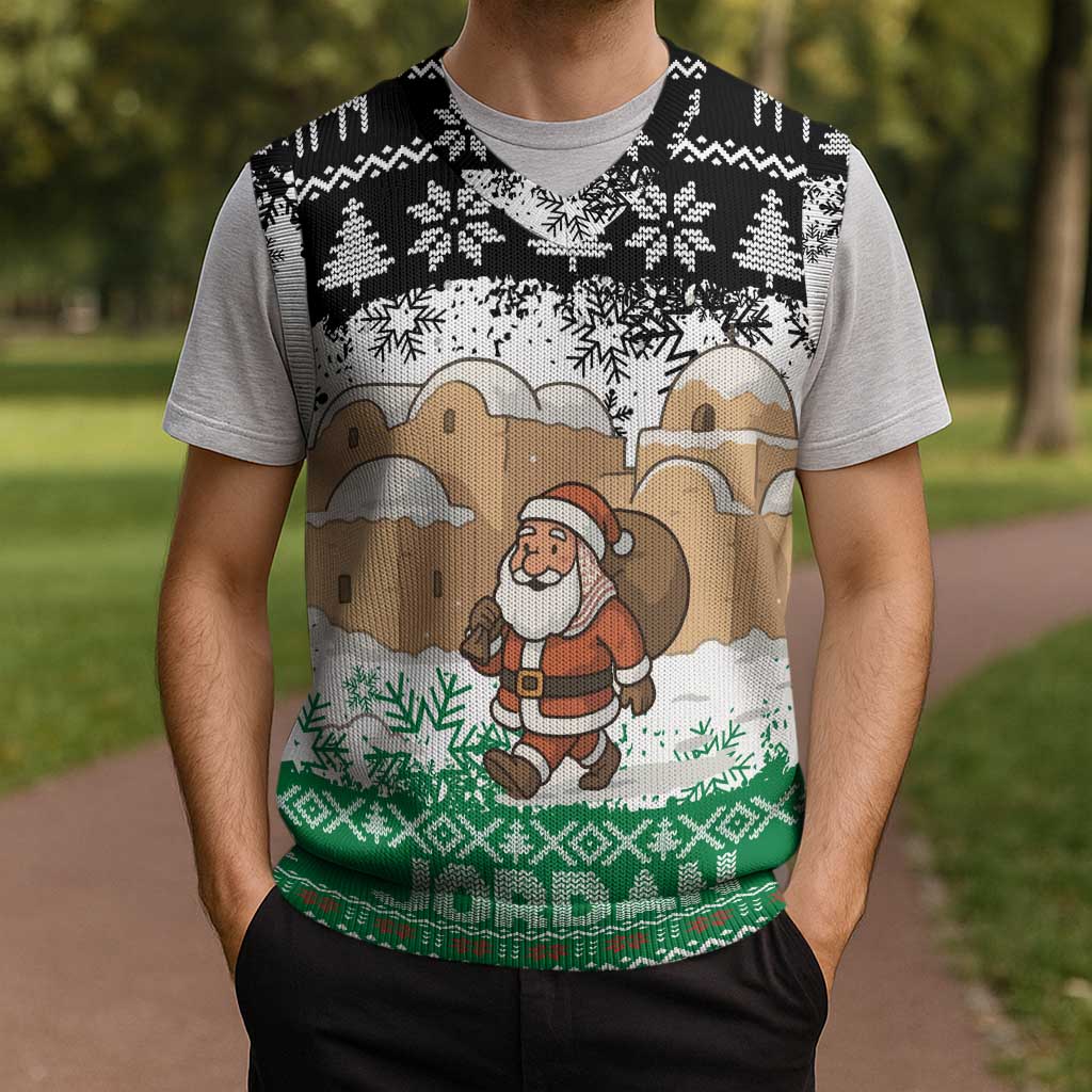 Jordan Christmas Knitted V-Neck Vest with Santa Snow Village Green and Black Snowflake Tree Pattern - Wonder Print Shop