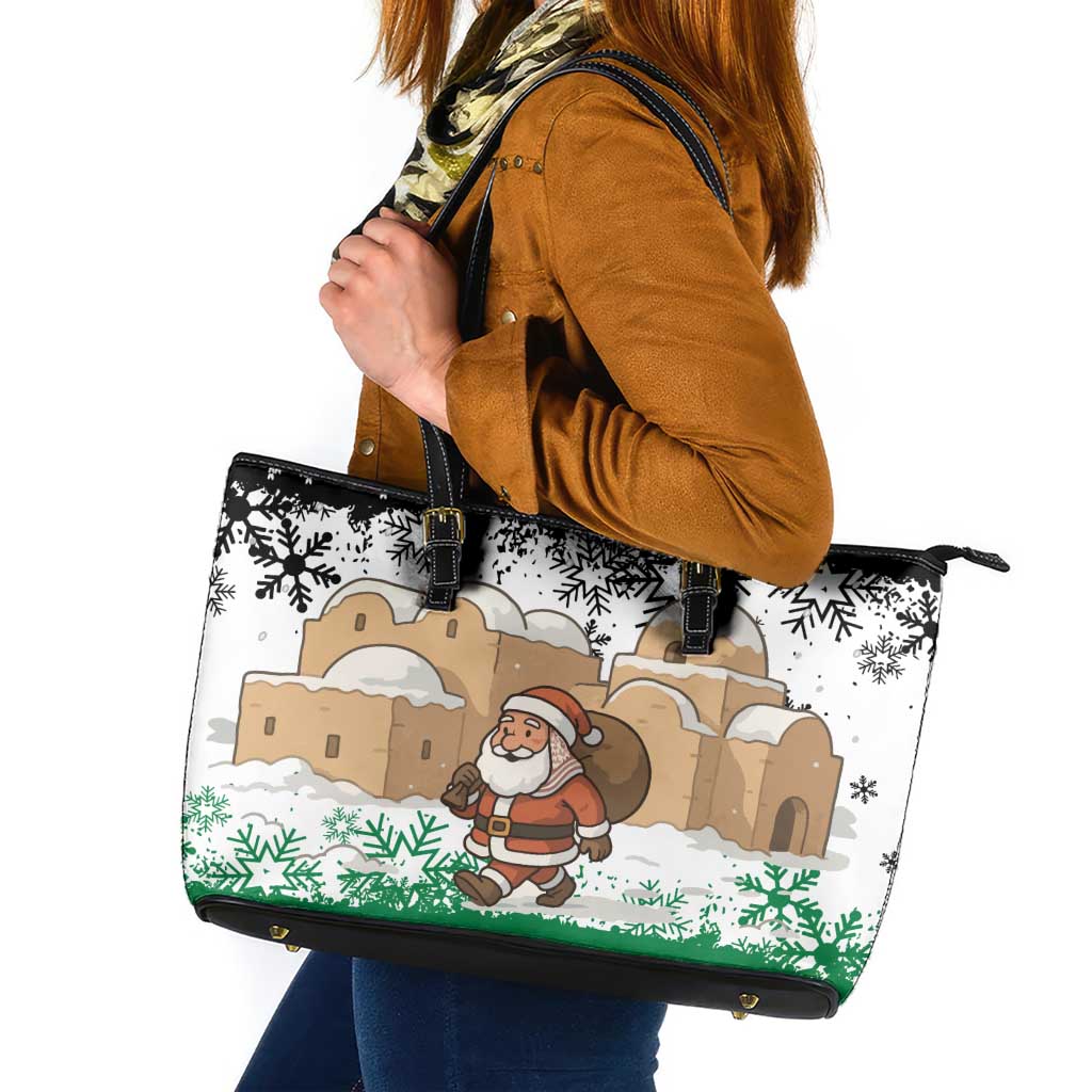 Jordan Christmas Leather Tote Bag with Santa Snow Village Green and Black Snowflake Tree Pattern - Wonder Print Shop