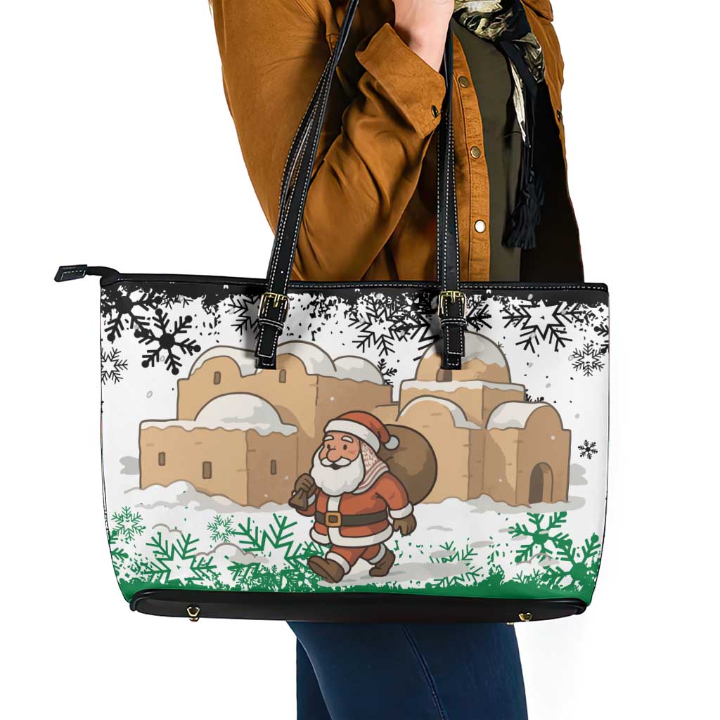 Jordan Christmas Leather Tote Bag with Santa Snow Village Green and Black Snowflake Tree Pattern - Wonder Print Shop