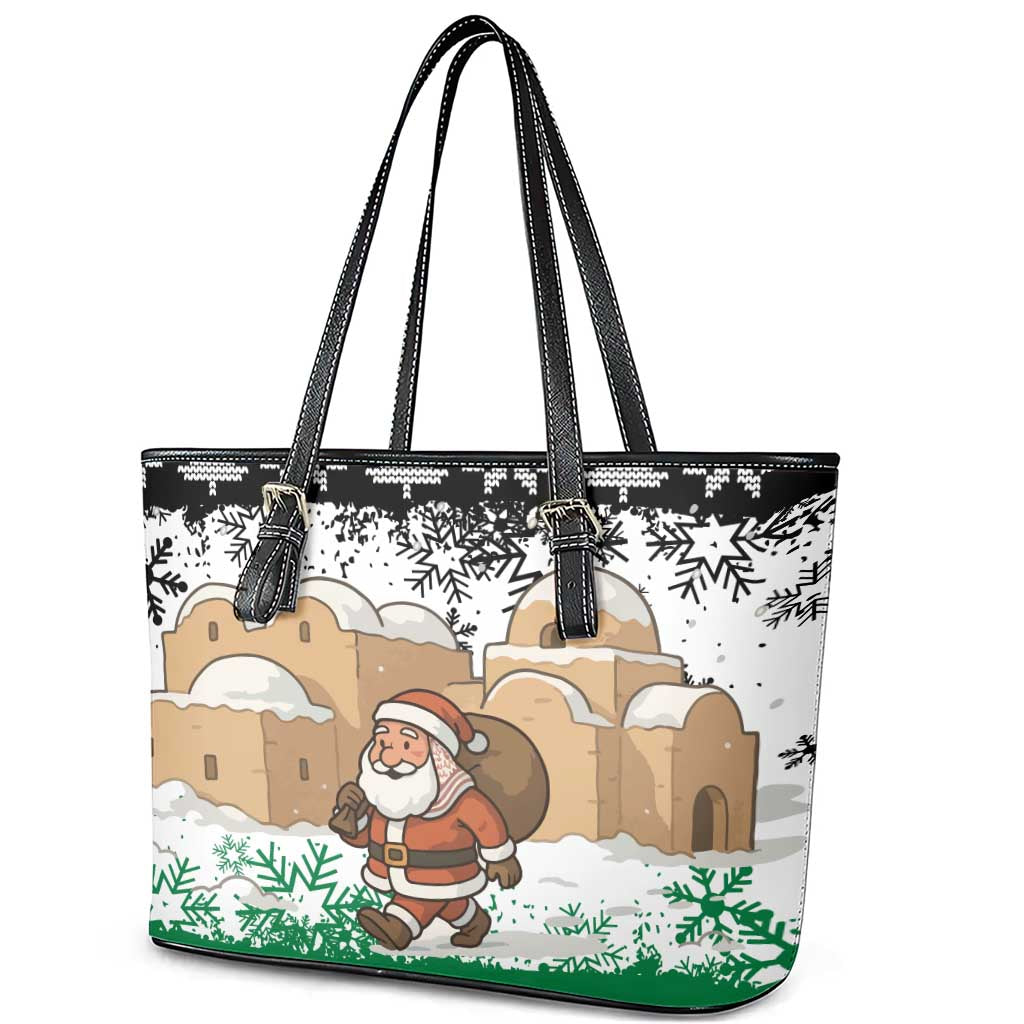 Jordan Christmas Leather Tote Bag with Santa Snow Village Green and Black Snowflake Tree Pattern - Wonder Print Shop