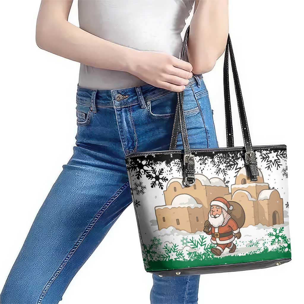 Jordan Christmas Leather Tote Bag with Santa Snow Village Green and Black Snowflake Tree Pattern - Wonder Print Shop