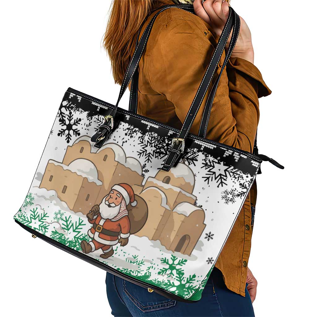 Jordan Christmas Leather Tote Bag with Santa Snow Village Green and Black Snowflake Tree Pattern - Wonder Print Shop