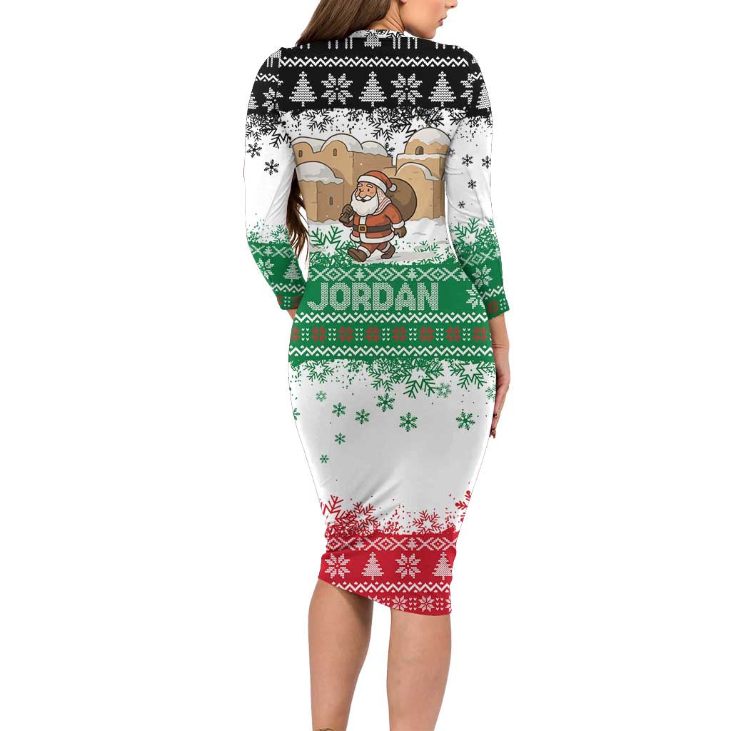 Jordan Christmas Long Sleeve Bodycon Dress with Santa Snow Village Green and Black Snowflake Tree Pattern - Wonder Print Shop