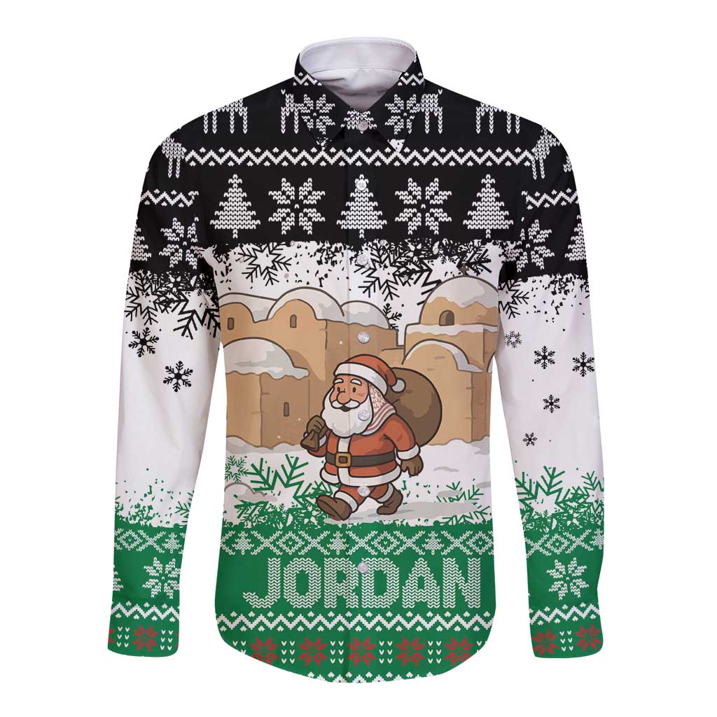 Jordan Christmas Long Sleeve Button Shirt with Santa Snow Village Green and Black Snowflake Tree Pattern - Wonder Print Shop