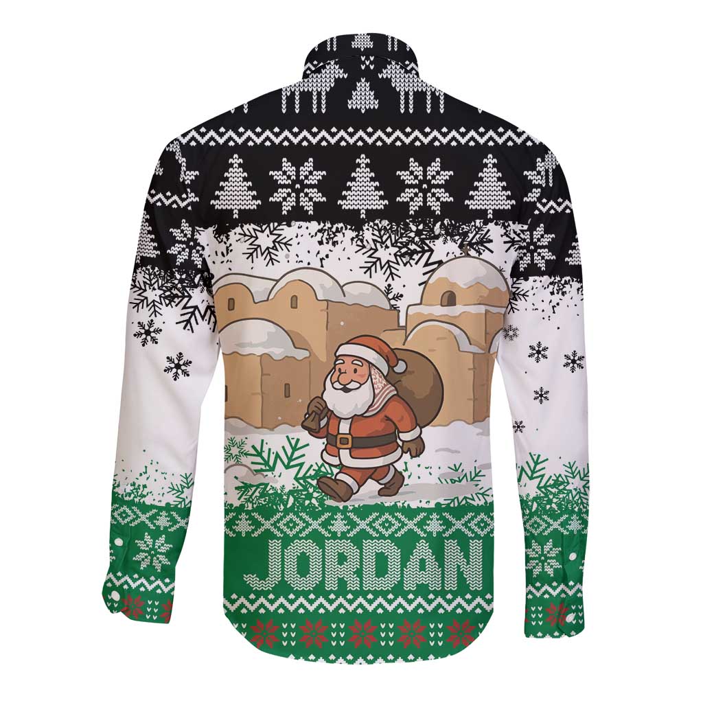 Jordan Christmas Long Sleeve Button Shirt with Santa Snow Village Green and Black Snowflake Tree Pattern - Wonder Print Shop