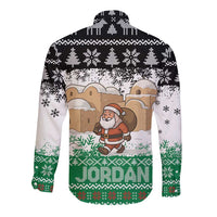 Jordan Christmas Long Sleeve Button Shirt with Santa Snow Village Green and Black Snowflake Tree Pattern - Wonder Print Shop