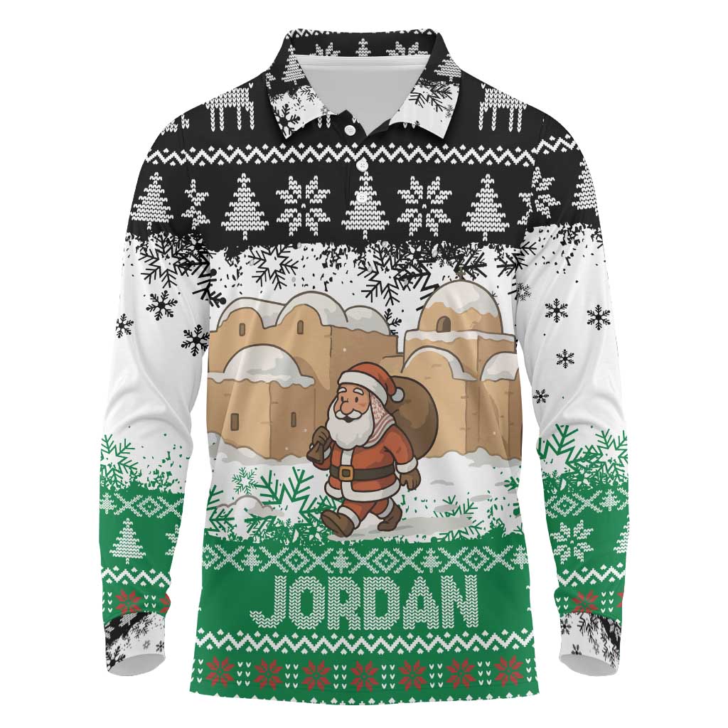 Jordan Christmas Long Sleeve Polo Shirt with Santa Snow Village Green and Black Snowflake Tree Pattern - Wonder Print Shop