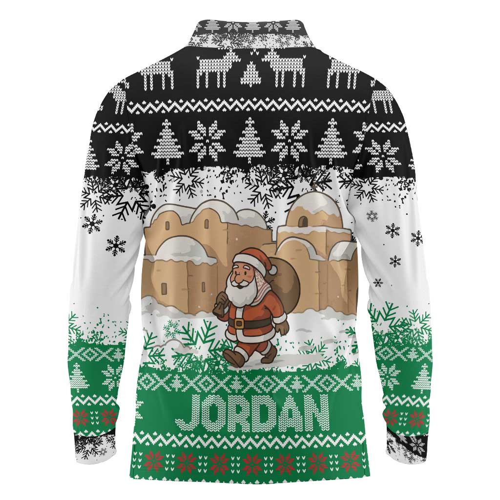 Jordan Christmas Long Sleeve Polo Shirt with Santa Snow Village Green and Black Snowflake Tree Pattern - Wonder Print Shop