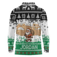 Jordan Christmas Long Sleeve Polo Shirt with Santa Snow Village Green and Black Snowflake Tree Pattern - Wonder Print Shop