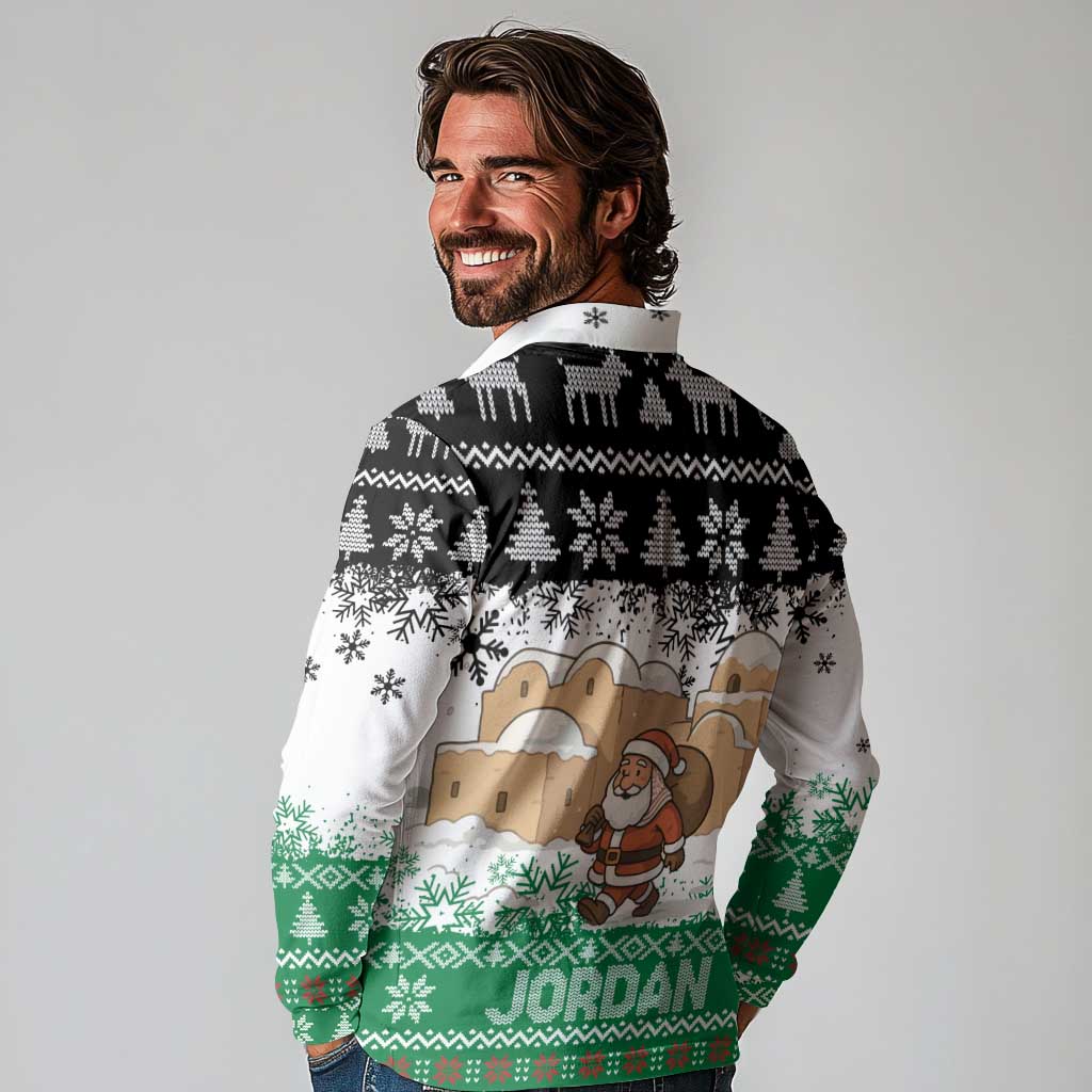 Jordan Christmas Long Sleeve Polo Shirt with Santa Snow Village Green and Black Snowflake Tree Pattern - Wonder Print Shop