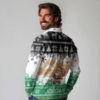 Jordan Christmas Long Sleeve Polo Shirt with Santa Snow Village Green and Black Snowflake Tree Pattern - Wonder Print Shop