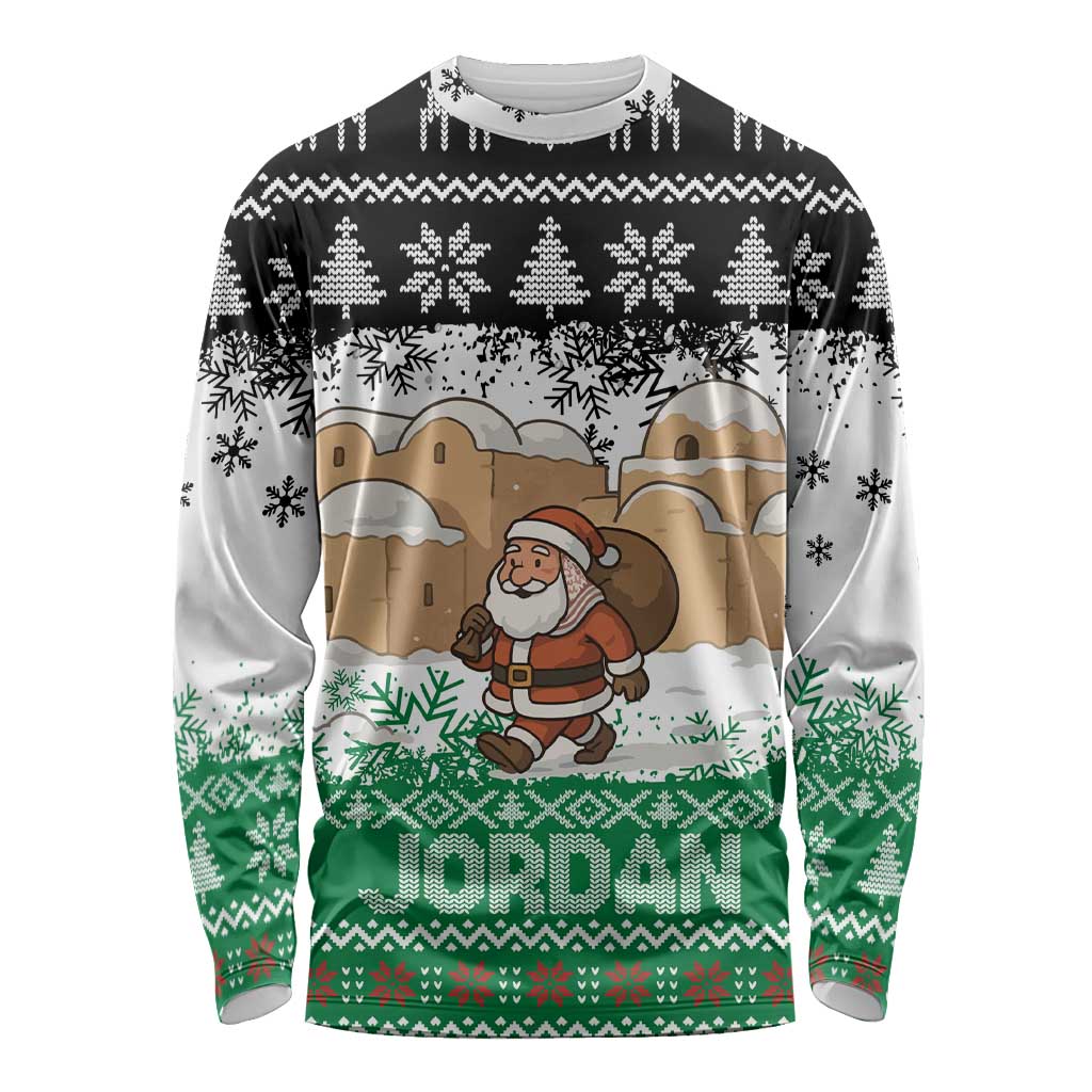 Jordan Christmas Long Sleeve Shirt with Santa Snow Village Green and Black Snowflake Tree Pattern - Wonder Print Shop
