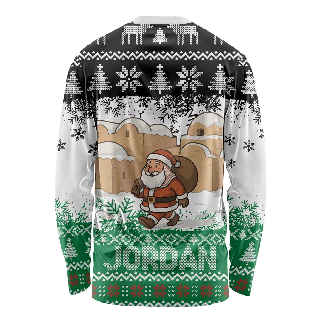 Jordan Christmas Long Sleeve Shirt with Santa Snow Village Green and Black Snowflake Tree Pattern - Wonder Print Shop