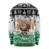 Jordan Christmas Long Sleeve Shirt with Santa Snow Village Green and Black Snowflake Tree Pattern - Wonder Print Shop