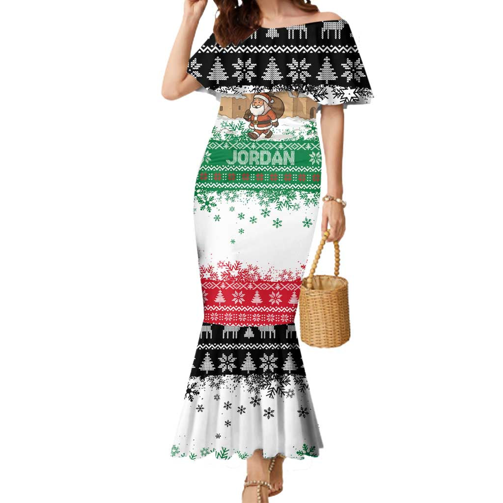 Jordan Christmas Mermaid Dress with Santa Snow Village Green and Black Snowflake Tree Pattern - Wonder Print Shop