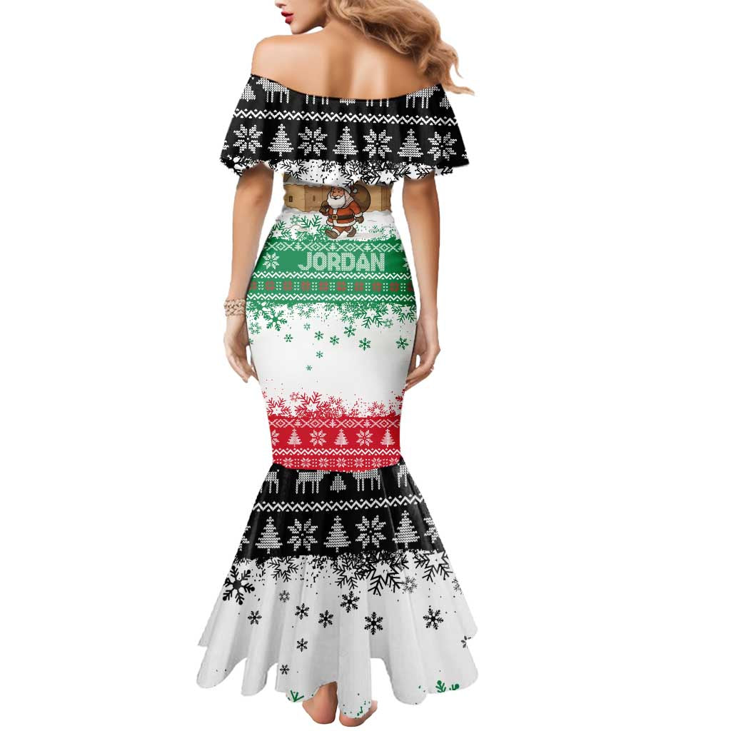 Jordan Christmas Mermaid Dress with Santa Snow Village Green and Black Snowflake Tree Pattern - Wonder Print Shop