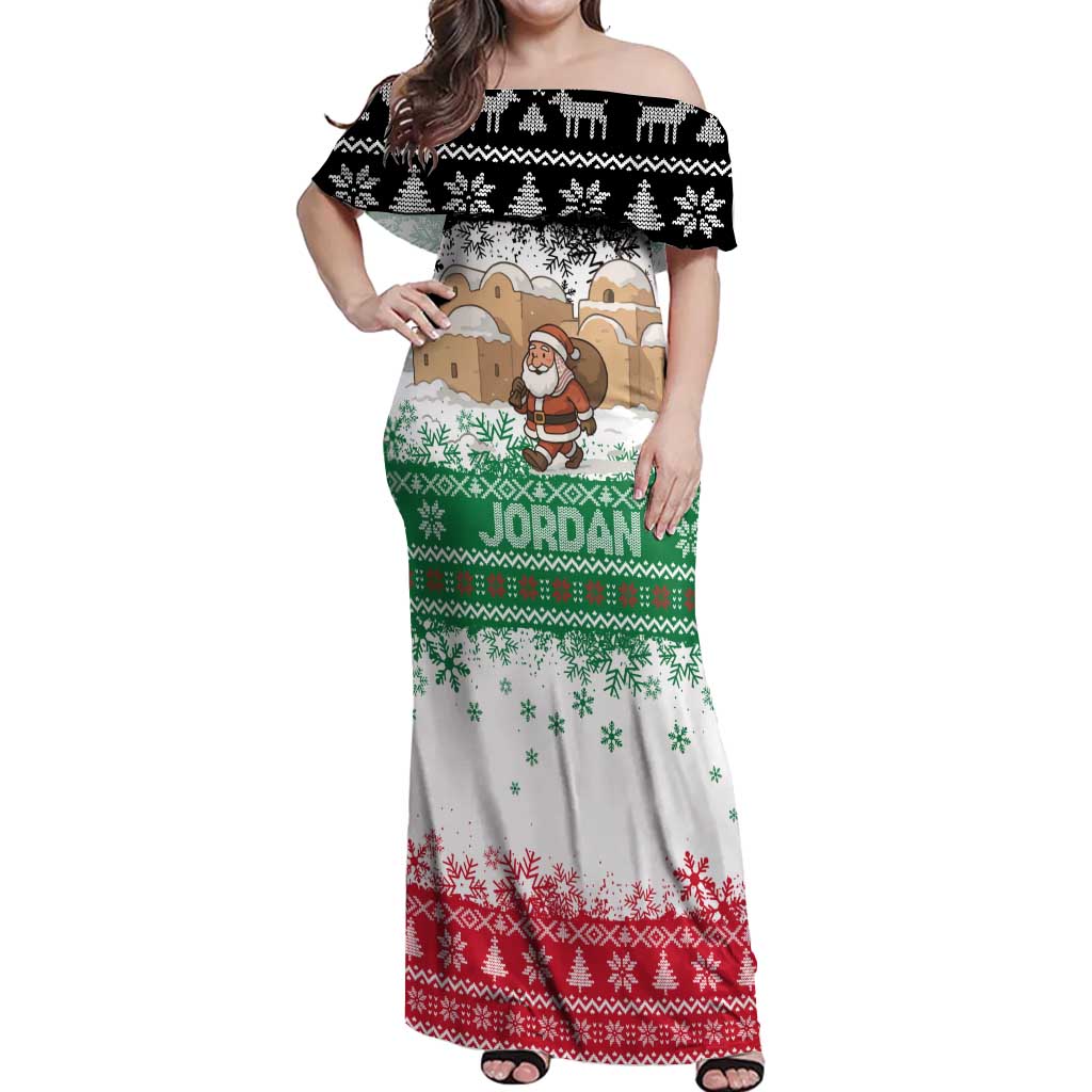 Jordan Christmas Off Shoulder Maxi Dress with Santa Snow Village Green and Black Snowflake Tree Pattern - Wonder Print Shop