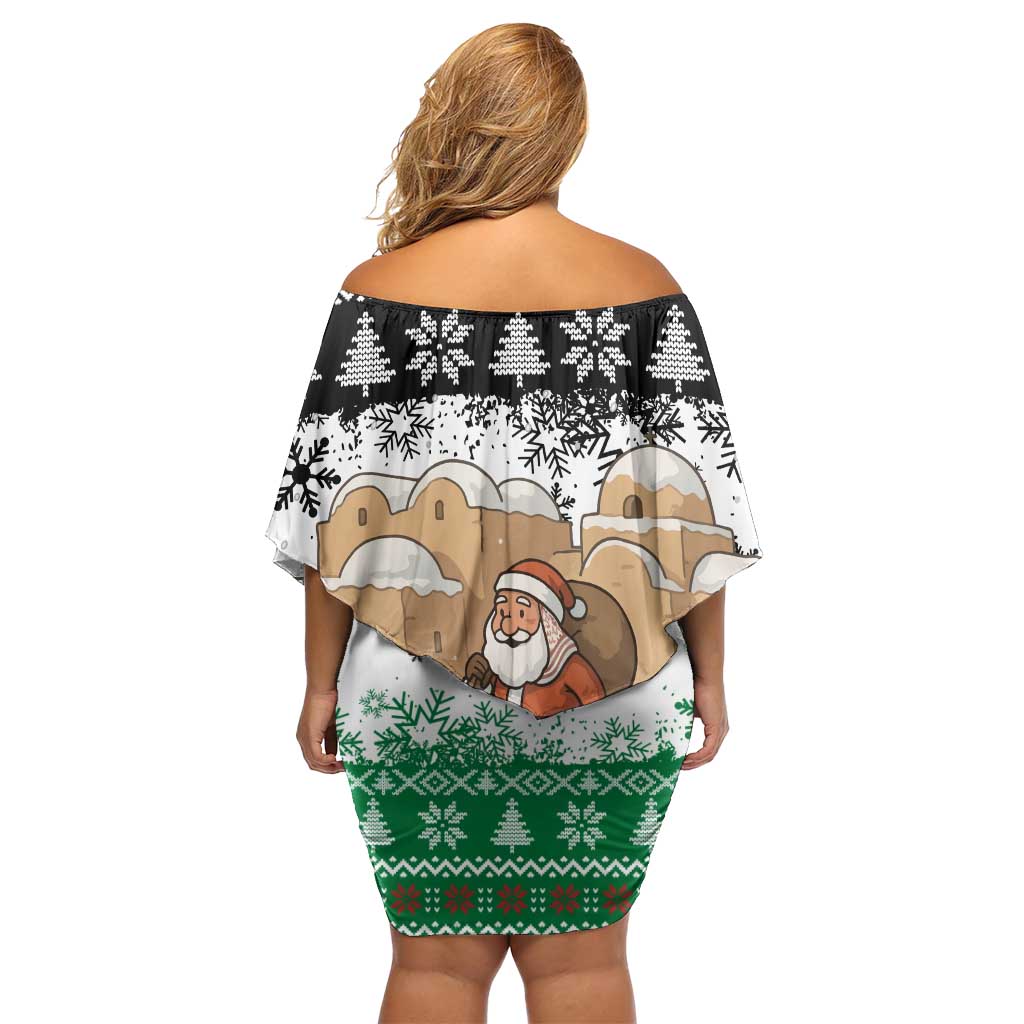 Jordan Christmas Off Shoulder Short Dress with Santa Snow Village Green and Black Snowflake Tree Pattern - Wonder Print Shop