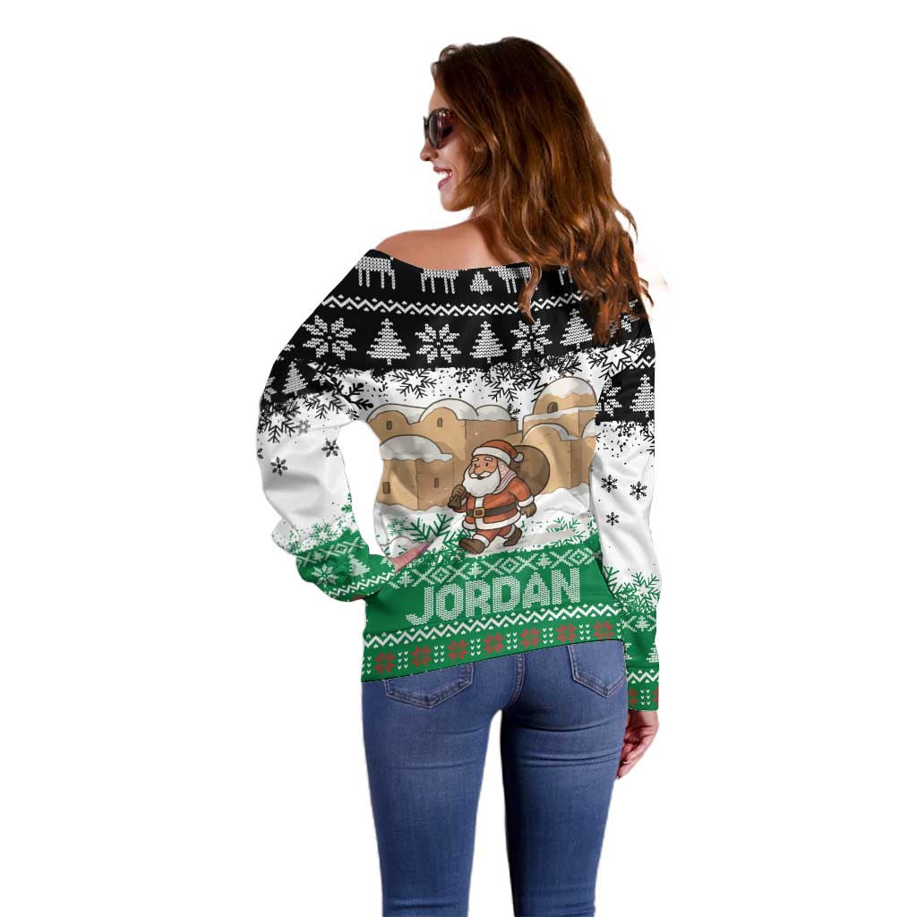 Jordan Christmas Off Shoulder Sweater with Santa Snow Village Green and Black Snowflake Tree Pattern - Wonder Print Shop