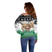 Jordan Christmas Off Shoulder Sweater with Santa Snow Village Green and Black Snowflake Tree Pattern - Wonder Print Shop