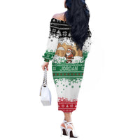 Jordan Christmas Off The Shoulder Long Sleeve Dress with Santa Snow Village Green and Black Snowflake Tree Pattern - Wonder Print Shop