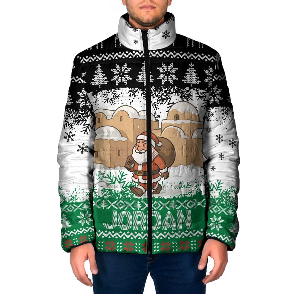 Jordan Christmas Padded Jacket with Santa Snow Village Green and Black Snowflake Tree Pattern - Wonder Print Shop