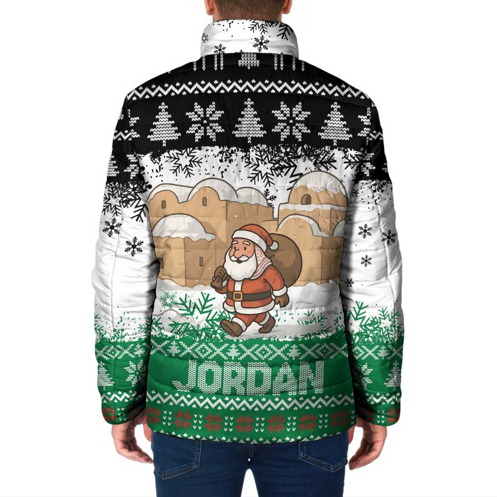 Jordan Christmas Padded Jacket with Santa Snow Village Green and Black Snowflake Tree Pattern - Wonder Print Shop