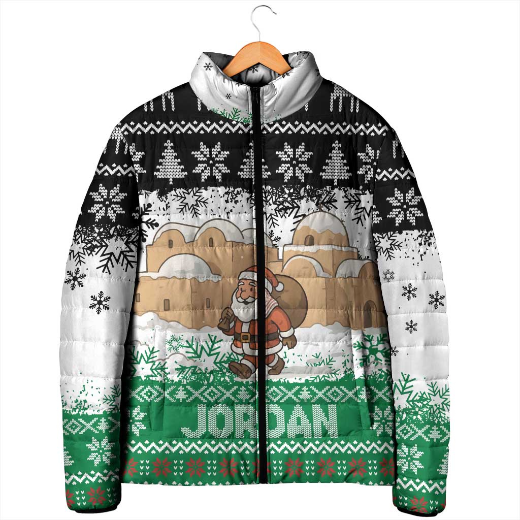 Jordan Christmas Padded Jacket with Santa Snow Village Green and Black Snowflake Tree Pattern - Wonder Print Shop
