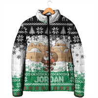 Jordan Christmas Padded Jacket with Santa Snow Village Green and Black Snowflake Tree Pattern - Wonder Print Shop
