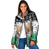 Jordan Christmas Padded Jacket with Santa Snow Village Green and Black Snowflake Tree Pattern - Wonder Print Shop