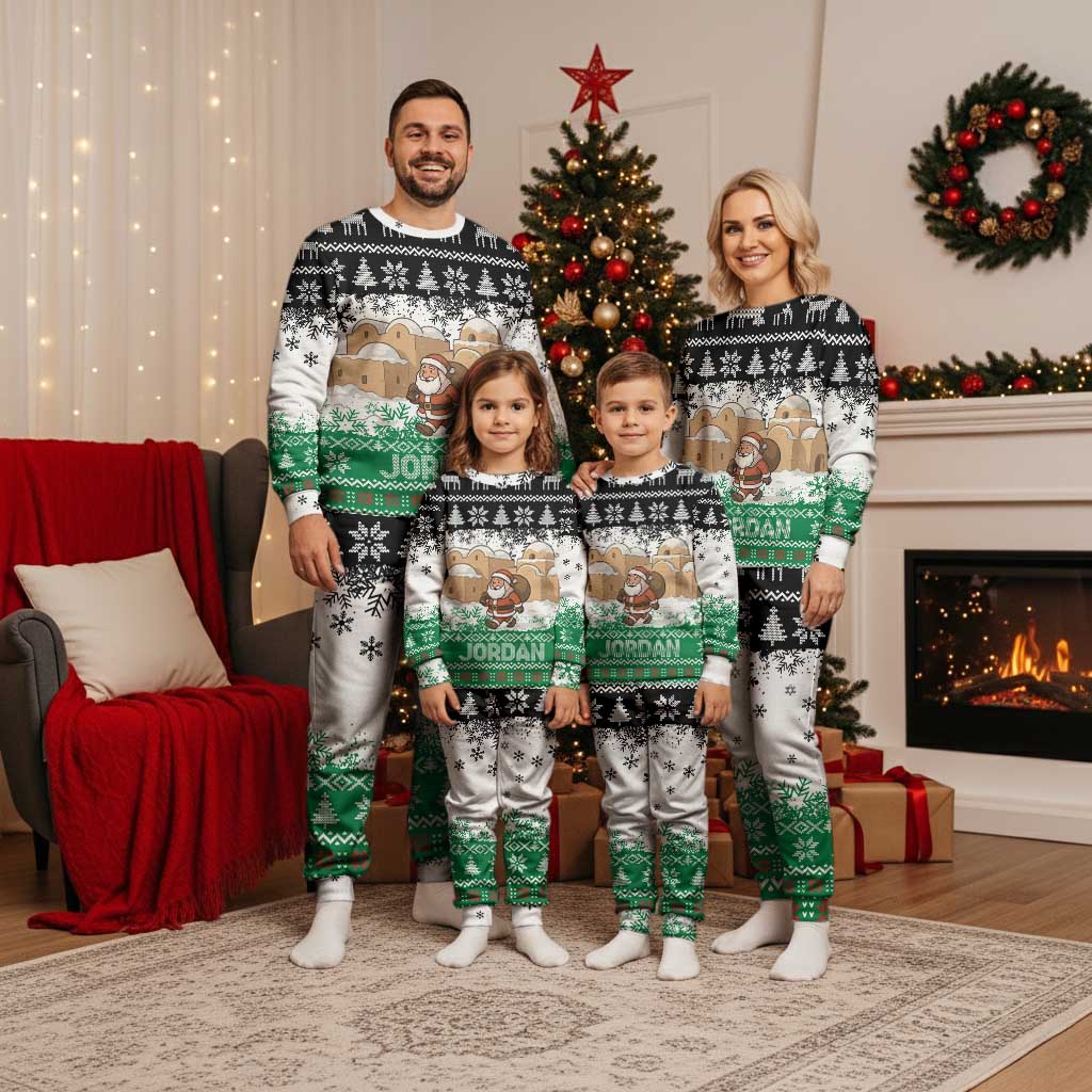 Jordan Christmas Pajama Set with Santa Snow Village Green and Black Snowflake Tree Pattern - Wonder Print Shop