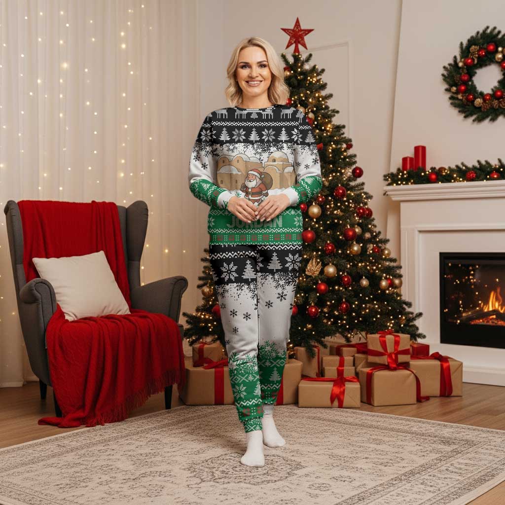 Jordan Christmas Pajama Set with Santa Snow Village Green and Black Snowflake Tree Pattern - Wonder Print Shop