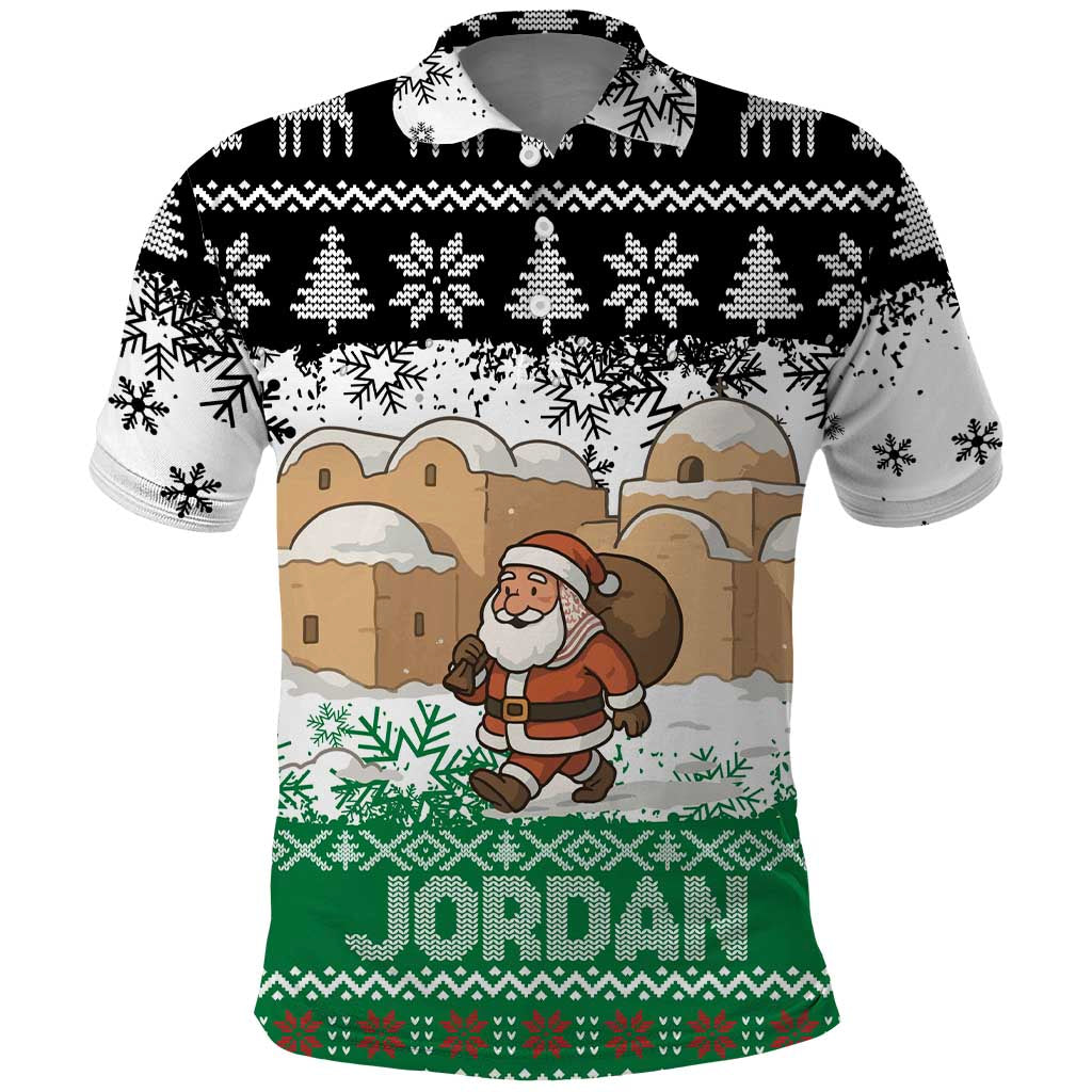 Jordan Christmas Polo Shirt with Santa Snow Village Green and Black Snowflake Tree Pattern - Wonder Print Shop